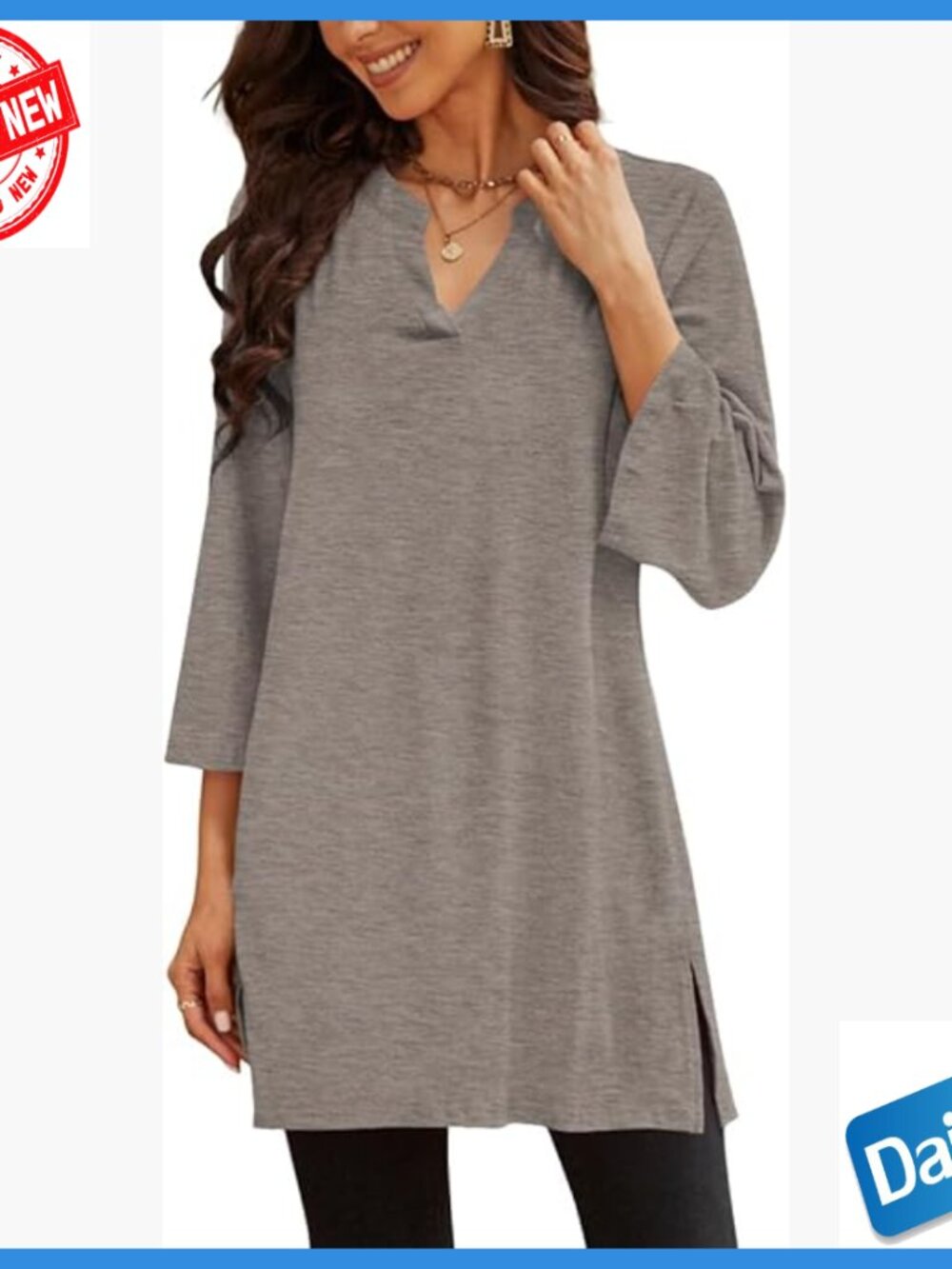 3/4 Bell Sleeve Tunic Top Loose Fit Side Split Flare for Leggings